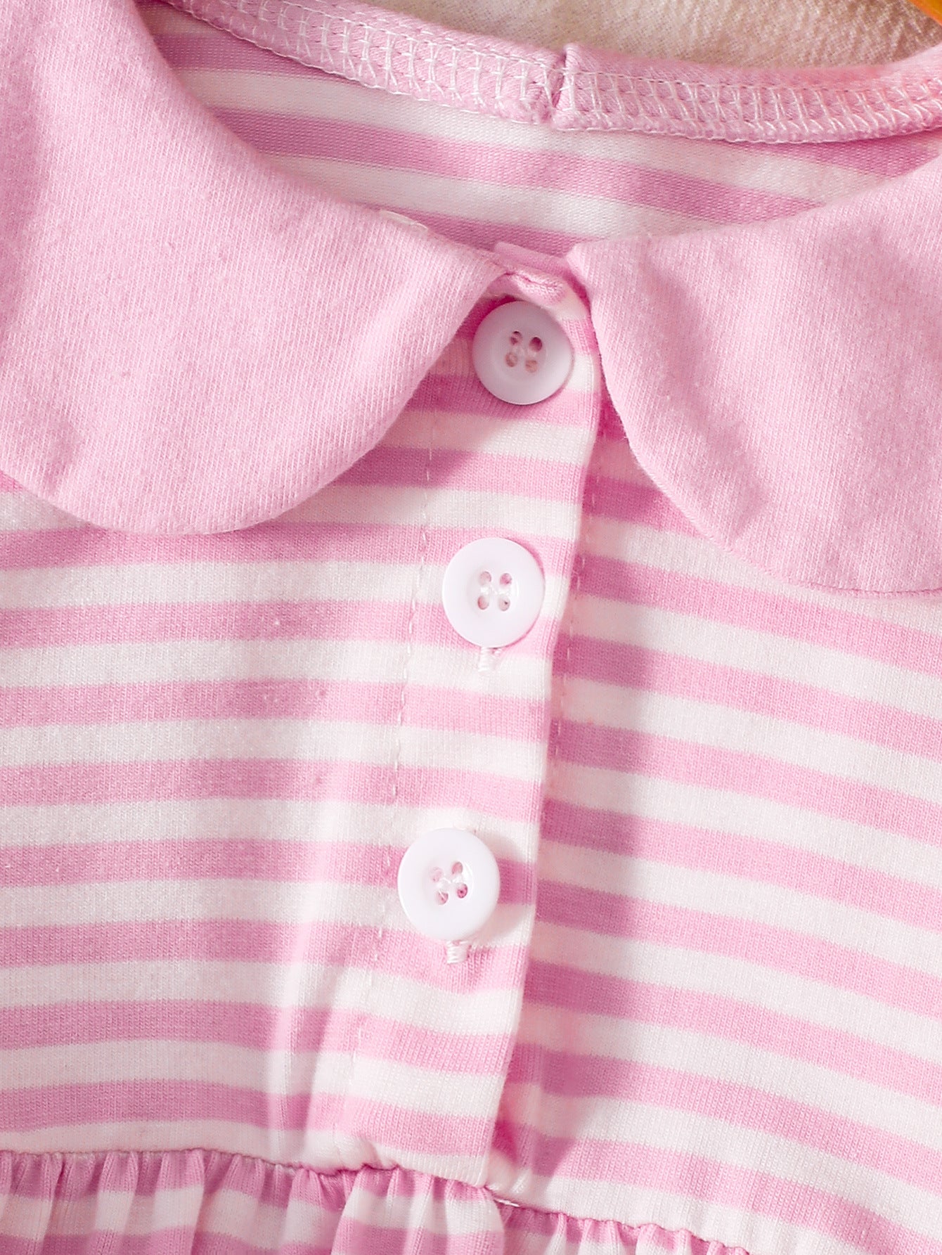 Wholesale 0-18M Baby Girls Striped Peter Pan Collar Long Sleeve Bubble Romper, Soft Cotton Knit Button Front Casual Bodysuit