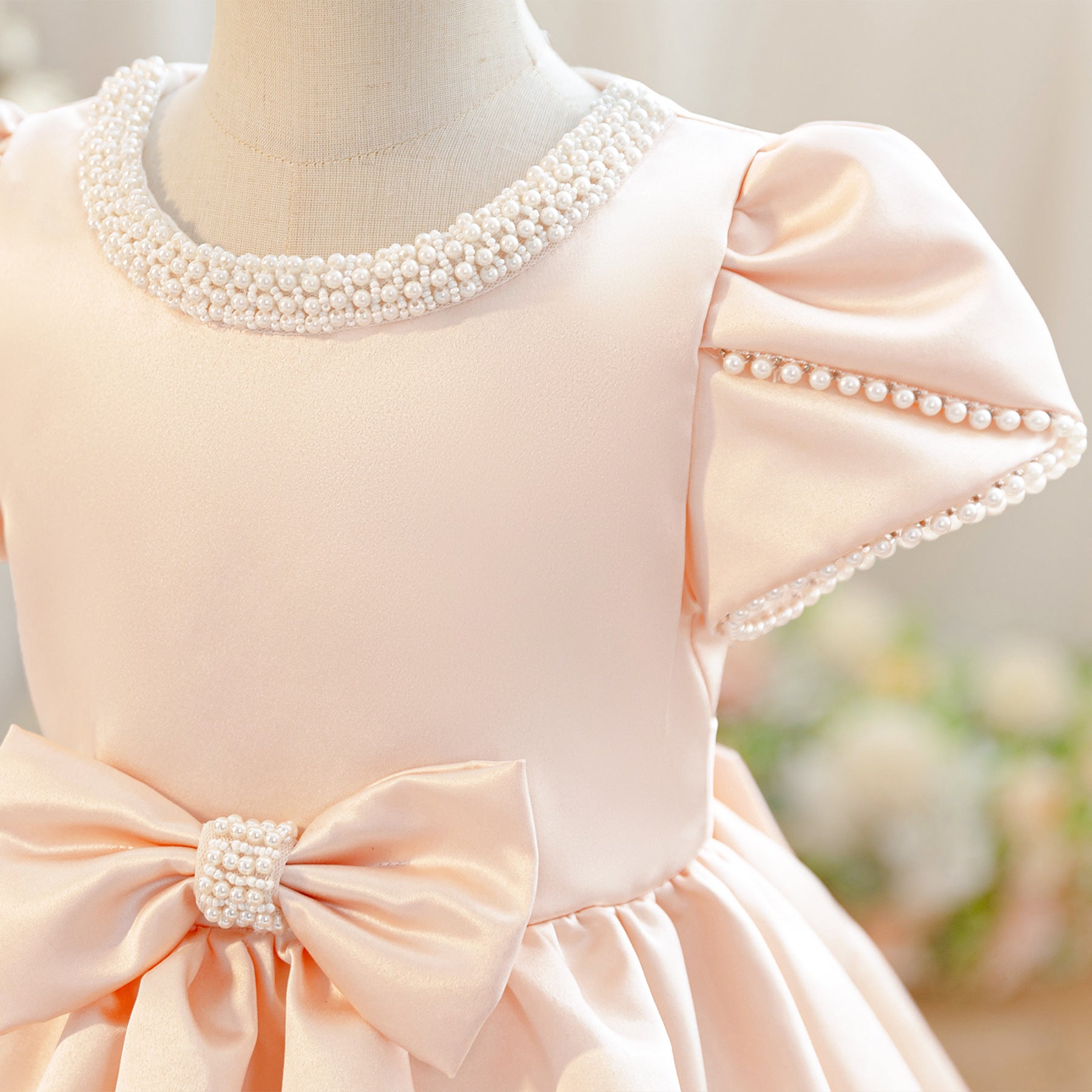 Wholesale 2-10Y Girls Pearl Puff Bow Satin Princess Dress, Kids Birthday Party Soft Satin Formal Gown