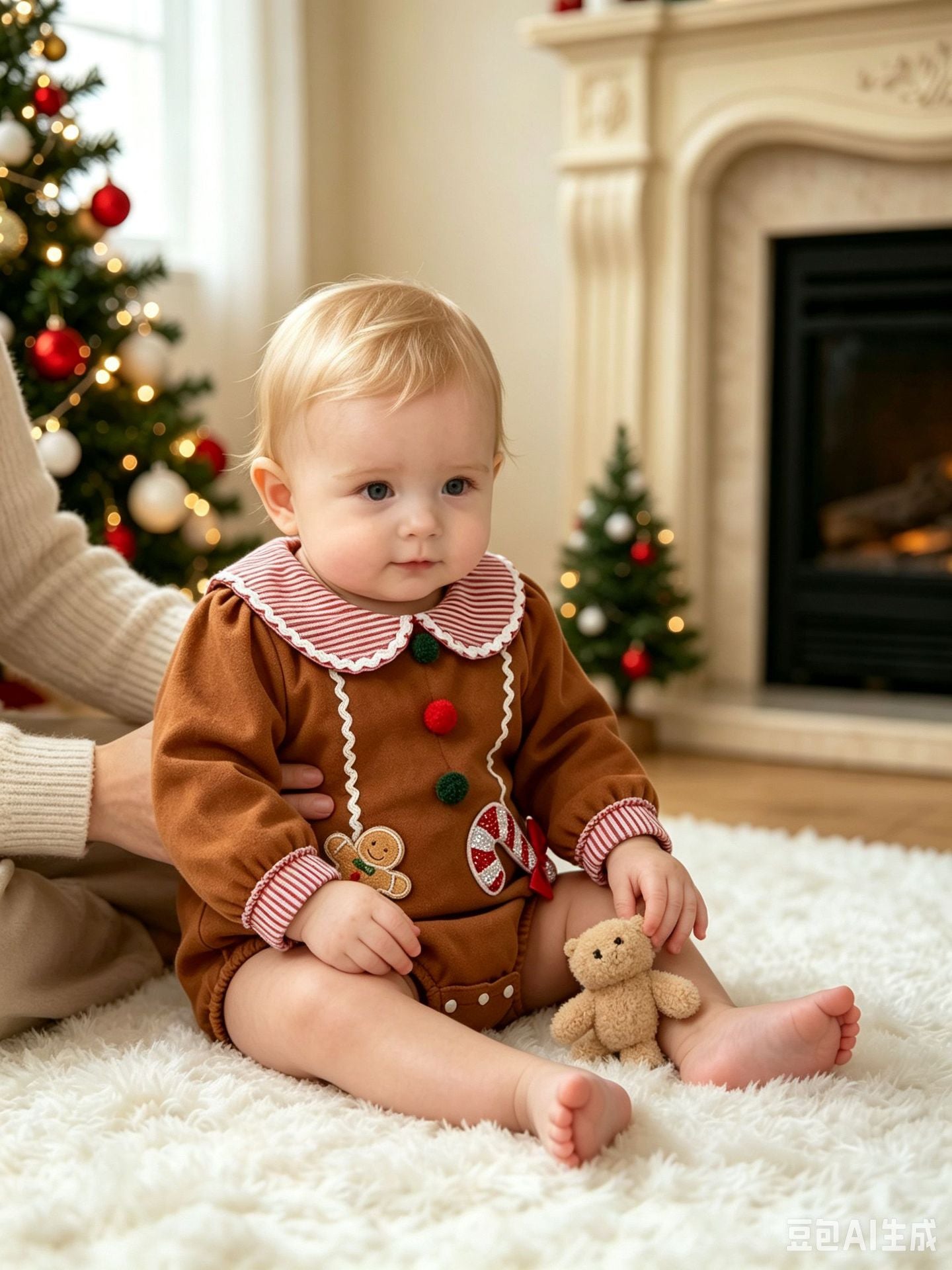 Wholesale 0-18M Baby Boys Striped Collar Gingerbread Candy Cane Applique Woven Bodysuit, Soft Christmas Long Sleeve Romper