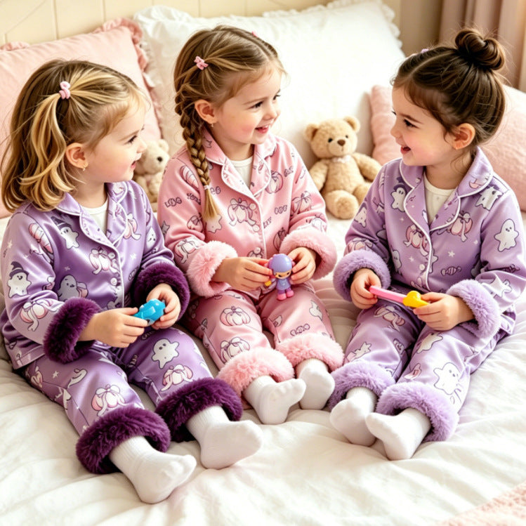 Wholesale 6M-4T Girls 2Pcs Halloween Ghost Pumpkin Satin Pajama Set, Soft Silky Fluff Cuff Lapel Button Down Loungewear Outfit