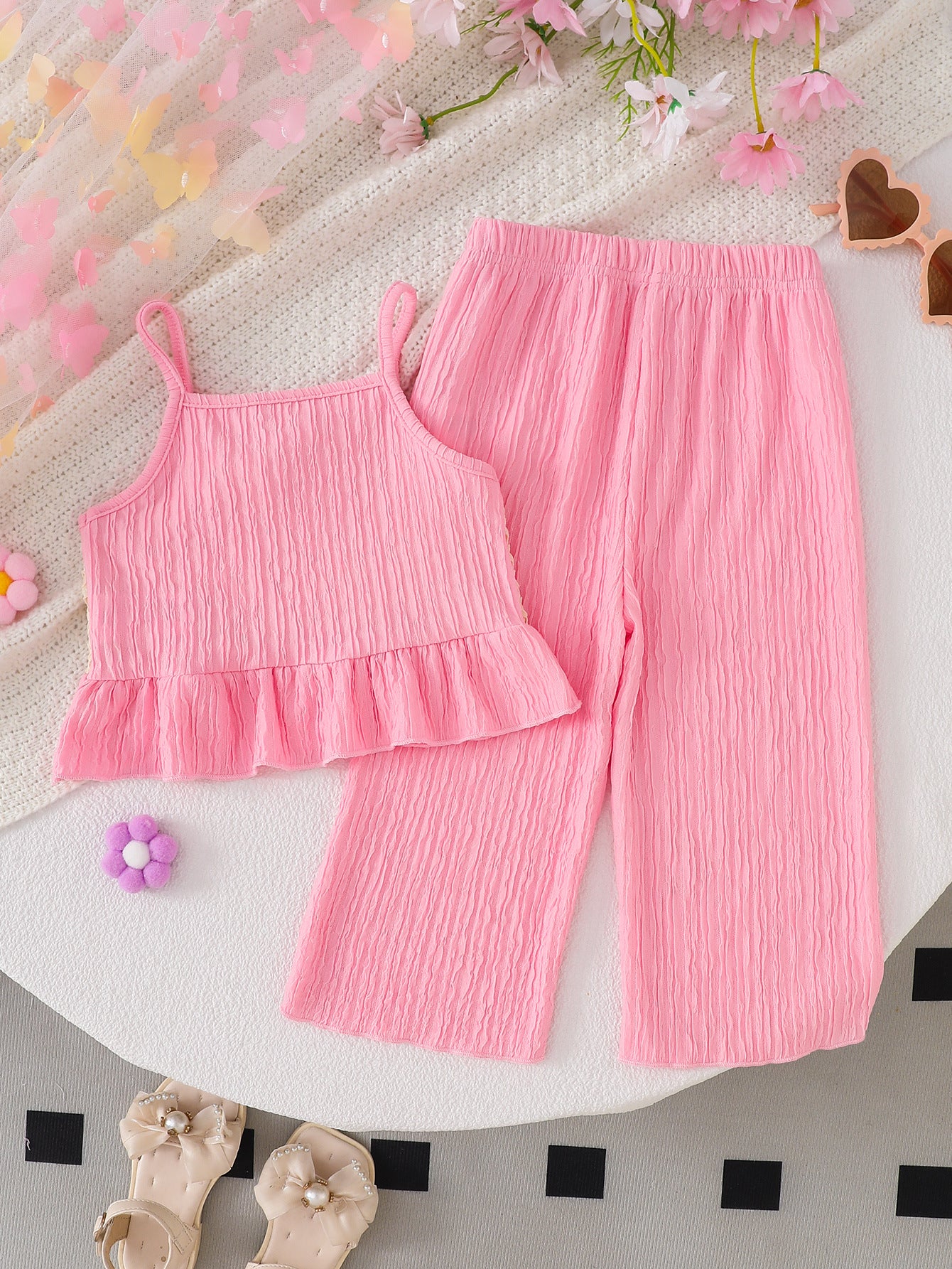 Wholesale 6M-4T Girls 2Pcs 3D Flower Mesh Cami Top Wide Leg Pants Outfit Set, Kids Soft Crinkle Fabric Summer Casual Two Piece Set