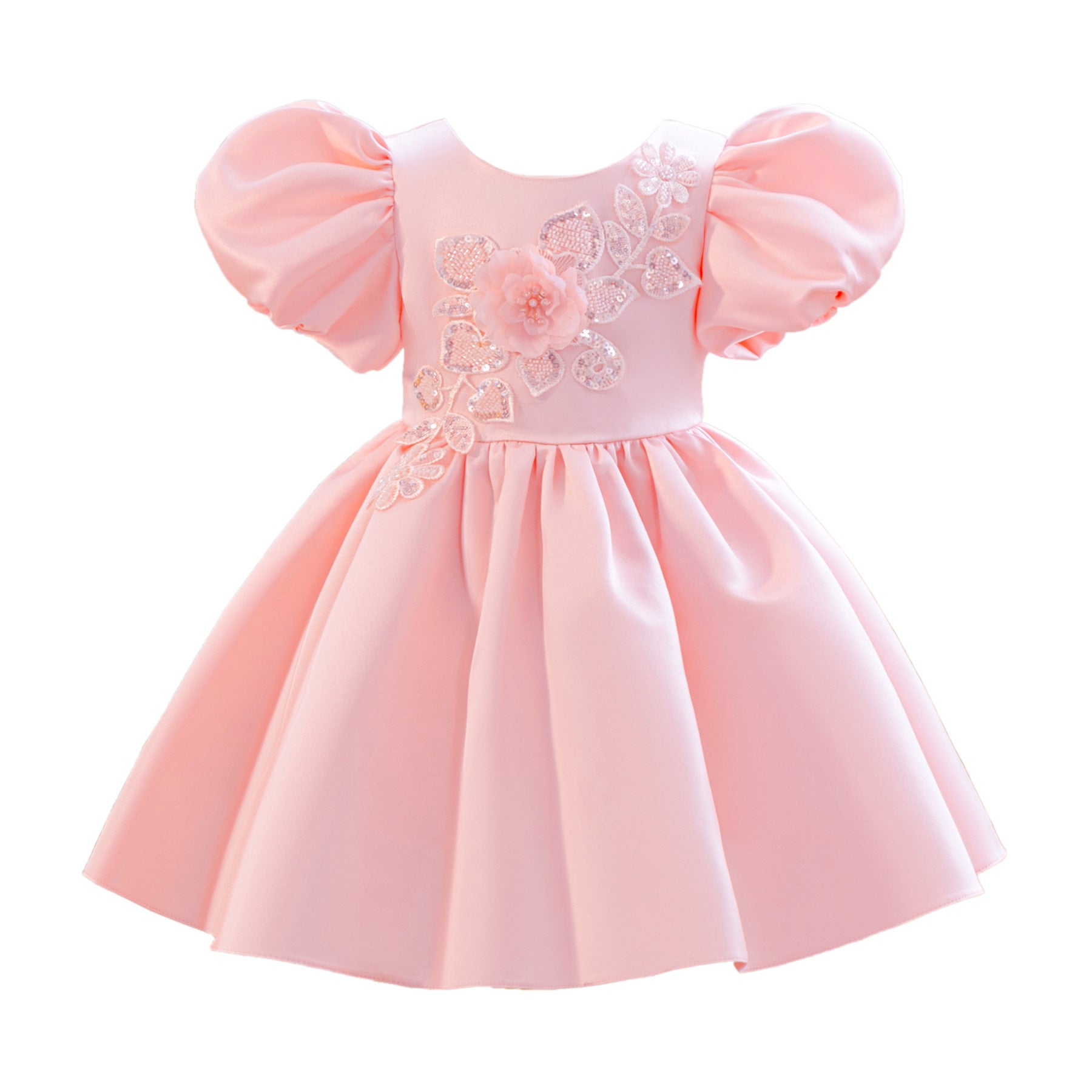 Wholesale 2-10Y Girls Puff Sleeve Rhinestone Floral Woven Princess Dress, Kids Birthday Party Soft Woven Formal Gown