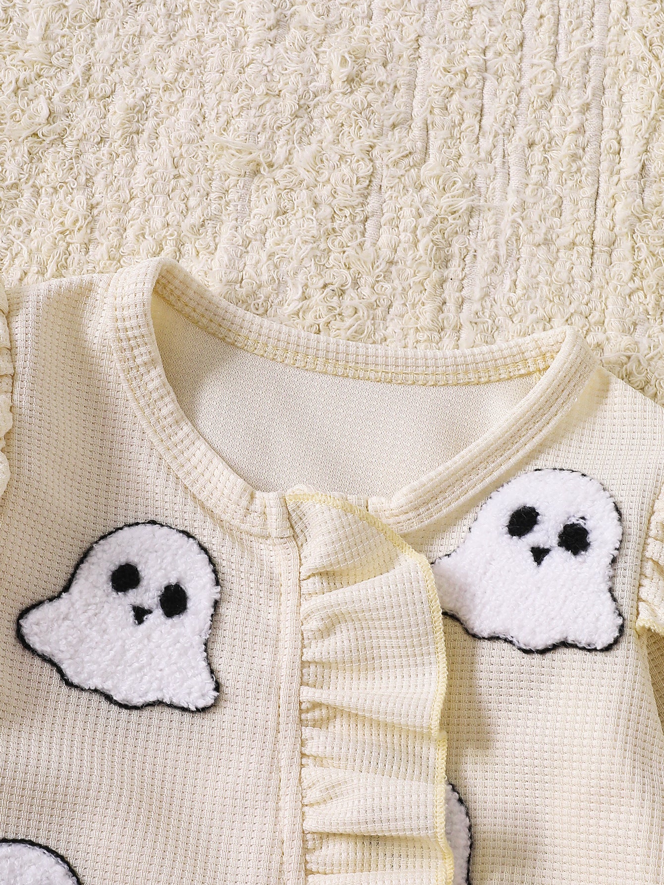 Wholesale 0-18M Baby Girls 2Pcs Ruffle Zipper Halloween Towel Embroidery Jumpsuit Set, Soft Waffle Knit Pumpkin Ghost Romper With Bow Headband