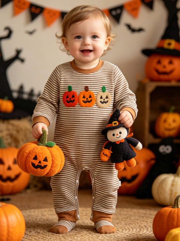 Wholesale 6M-4T Boys Striped Half Zip Polo Sweatshirt, Soft Knit Halloween Ghost Pumpkin Towel Embroidery Long Sleeve Top