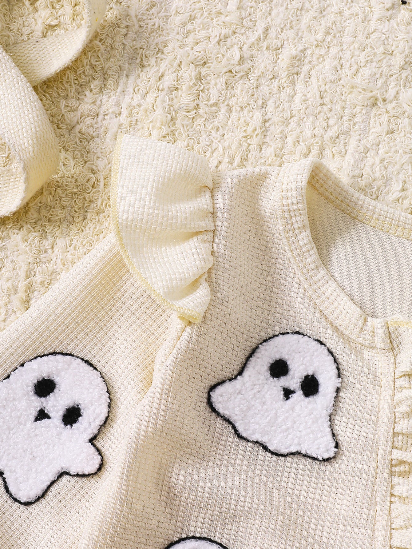 Wholesale 0-18M Baby Girls 2Pcs Ruffle Zipper Halloween Towel Embroidery Jumpsuit Set, Soft Waffle Knit Pumpkin Ghost Romper With Bow Headband