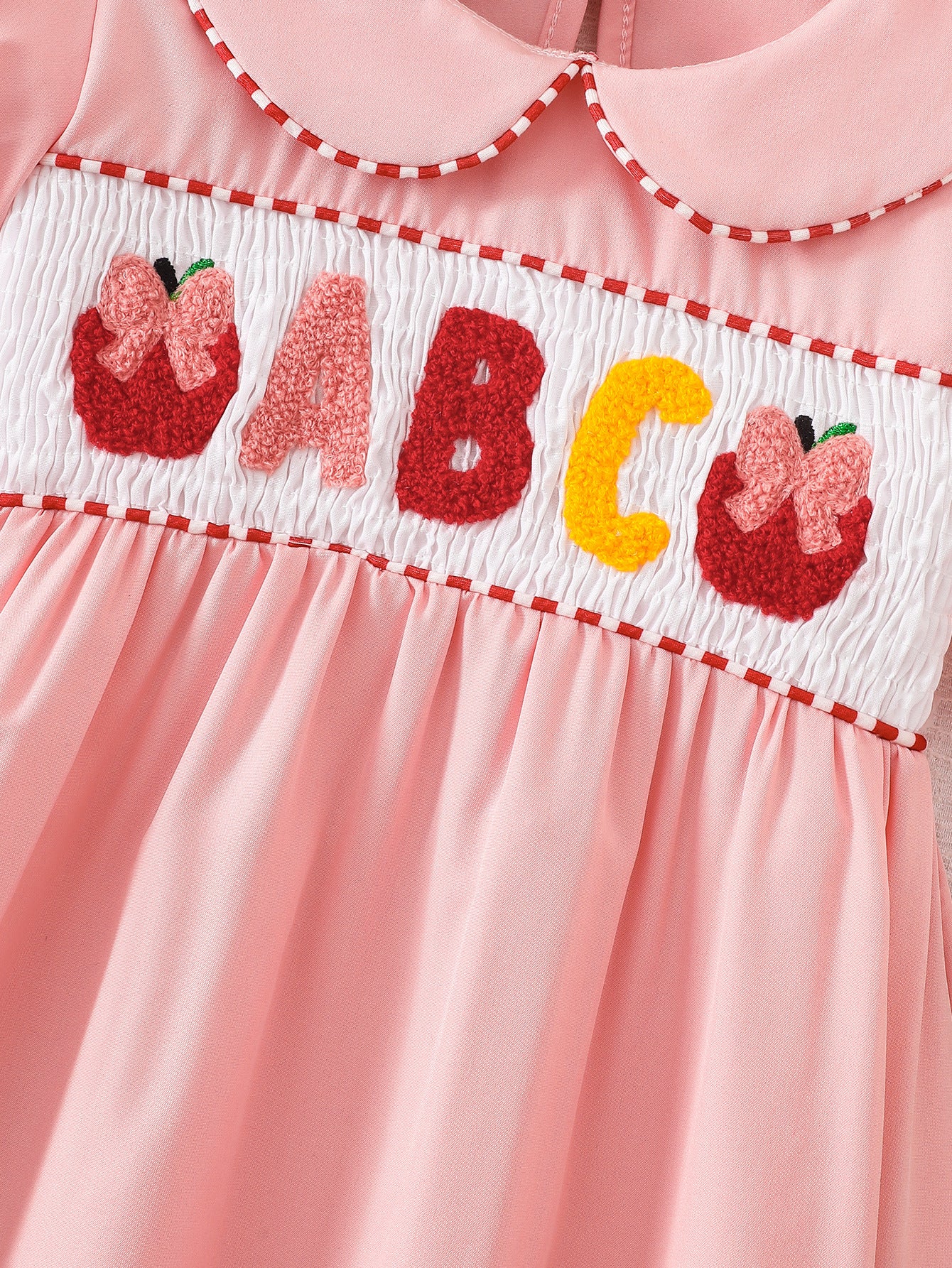 Wholesale 2-7Y Girls Peter Pan Collar ABC Apple Towel Embroidery Woven Dress, Kids Soft Waffle Smocked Back To School Casual Dress