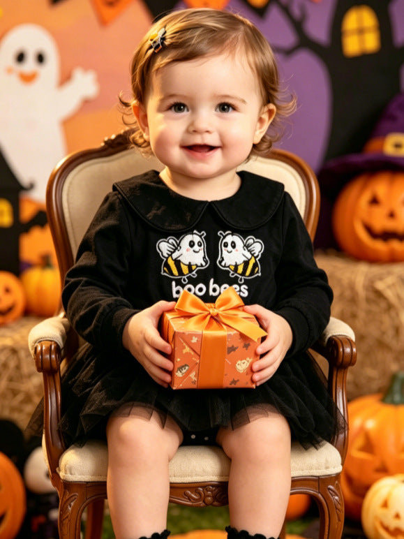 Wholesale 0-18M Baby Girls Halloween Peter Pan Collar Tulle Tutu Romper, Soft Cotton Knit Embroidery Long Sleeve Skirted Bodysuit