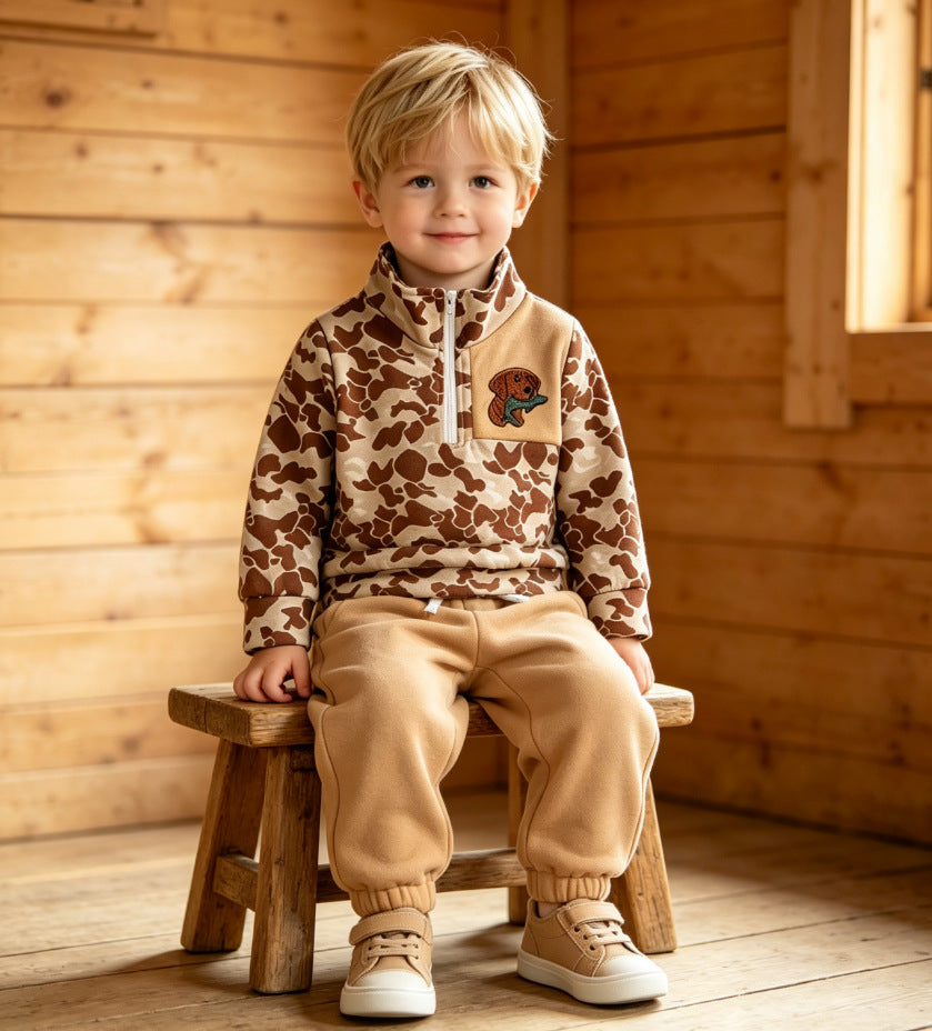 Wholesale 6M-4T Boys 2Pcs Camo Dog Embroidery Half Zip Sweatshirt Outfit Set, Soft Cotton Knit Hunting Style Toddler Top & Jogger Pants