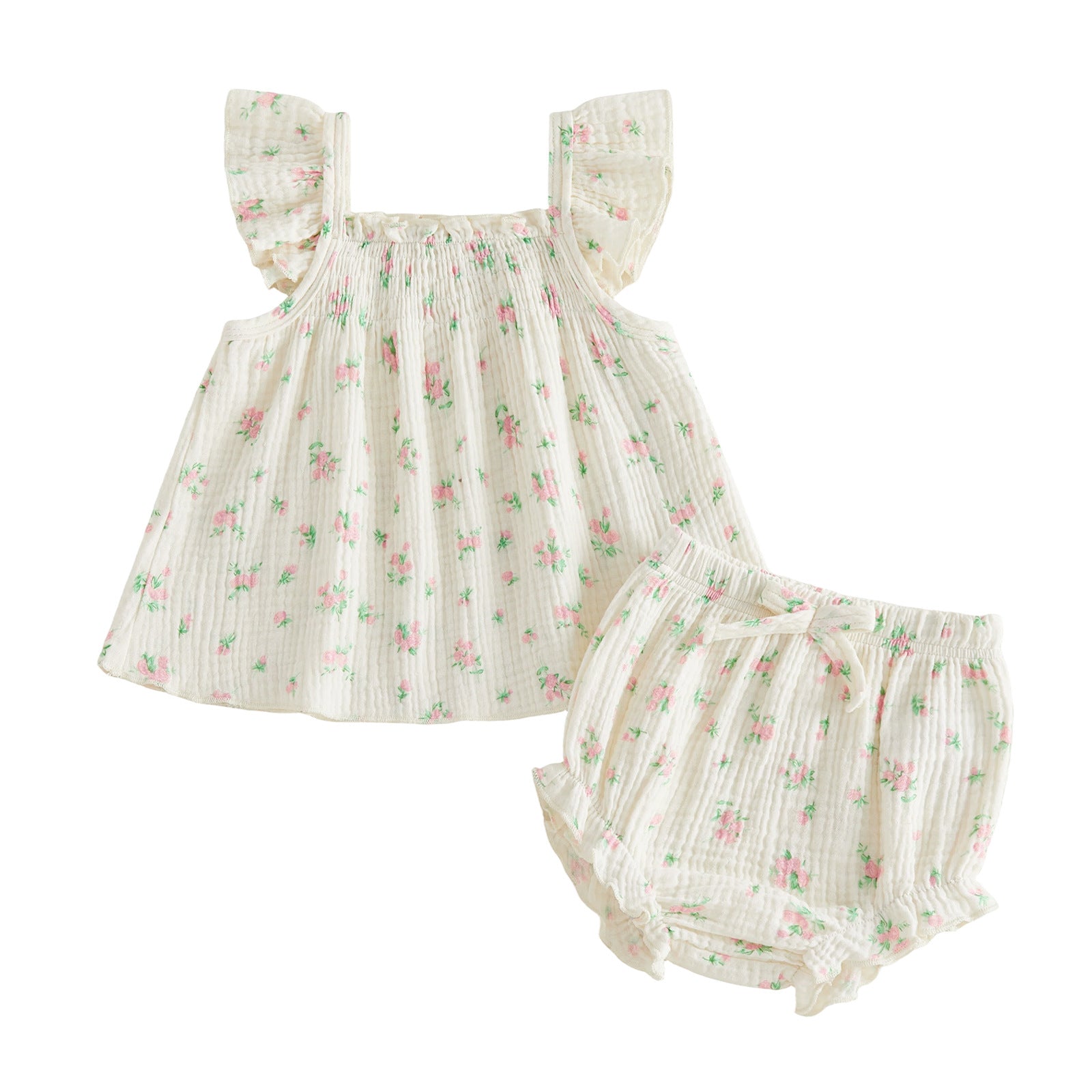 Wholesale 0-18M Baby Girls 2Pcs Floral Smocked Waffle Gauze Outfit Set, Soft Crinkle Sleeveless Cami Top & Bloomer Shorts Set