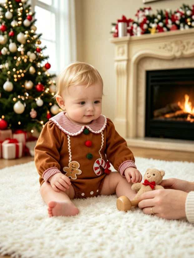 Wholesale 0-18M Baby Boys Striped Collar Gingerbread Candy Cane Applique Woven Bodysuit, Soft Christmas Long Sleeve Romper