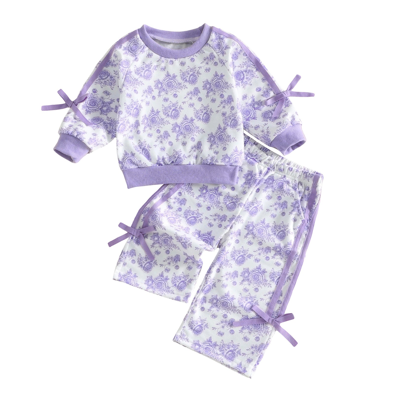 Wholesale 6M-4T Girls 2Pcs Floral Bow Stripe Sweatshirt Outfit Set, Soft Cotton Knit Raglan Sleeve Top & Straight Leg Pants
