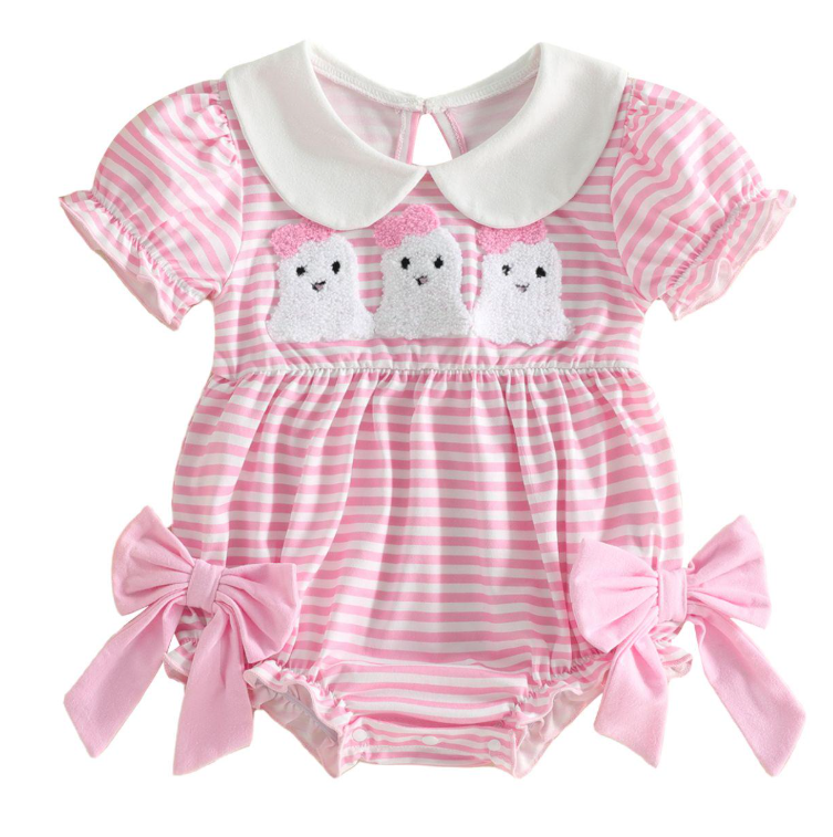 Wholesale 0-18M Baby Girls Peter Pan Collar Striped Ghost Towel Embroidery Bodysuit, Soft Knit Halloween Short Sleeve Romper