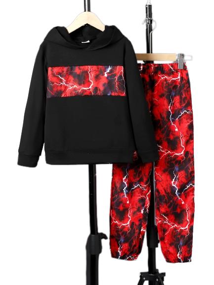7-15Y Ready Stock 7-15y Big Boys Clothes Lightning Print Splice Fall Winter Hoodies Elastic Pants 2PCS Outfits Sets Black Catpapa 462308002