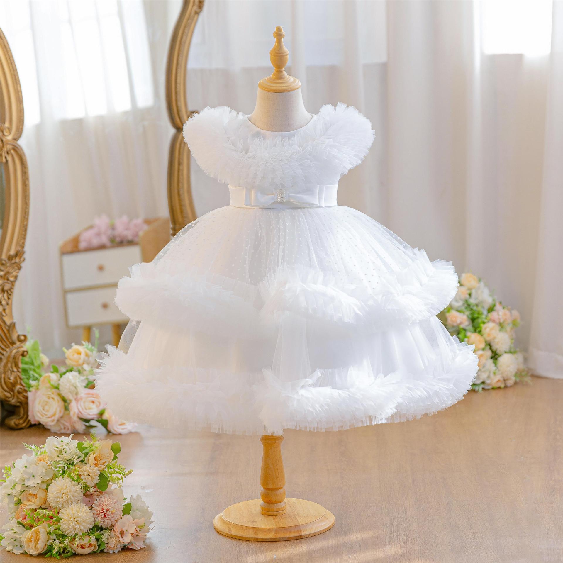 Wholesale 18M-7Y Girls Ruffle Tulle Polka Dot Princess Dress, Kids Birthday Party Rhinestone Bow Soft Mesh Formal Gown