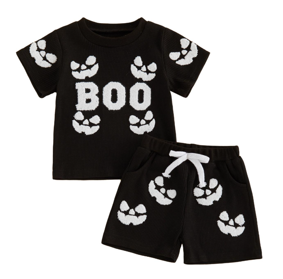 Wholesale 6M-4T Boys 2Pcs Waffle Knit Halloween Towel Embroidery Outfit Set, Kids Soft Thermal Halloween Short Sleeve Top & Shorts Set