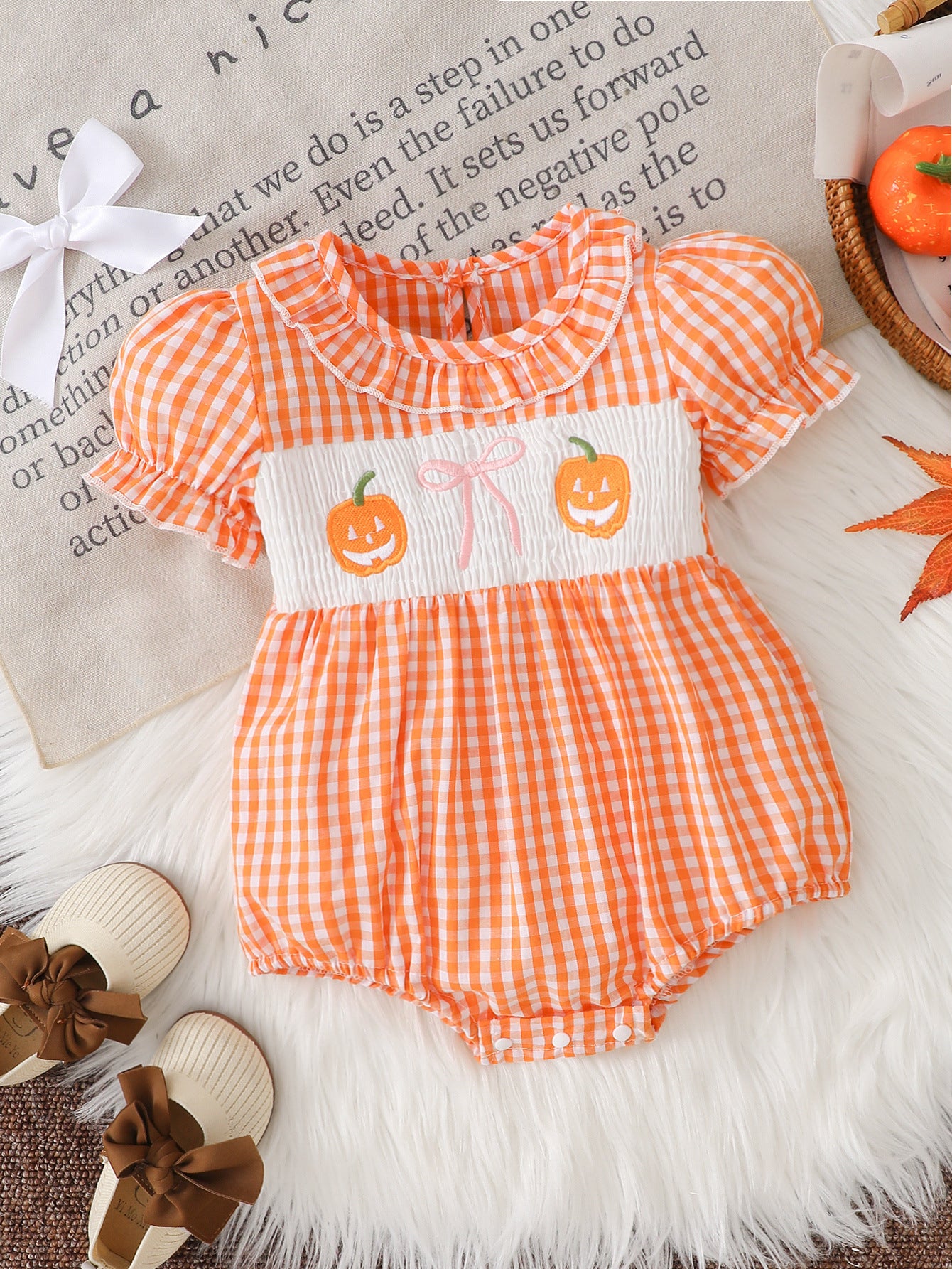 Wholesale 0-18M Baby Girls Ruffle Collar Orange Gingham Pumpkin Embroidery Bodysuit, Soft Woven Halloween Short Sleeve Romper