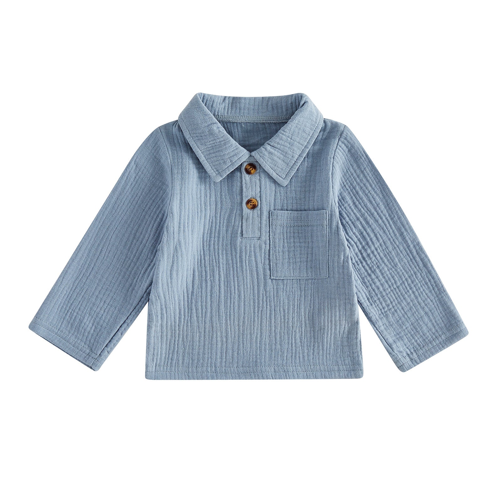 Wholesale 6M-3T Baby Boys Collared Long Sleeve Polo Shirt, Soft Crinkle Gauze Casual Pocket Kids Top
