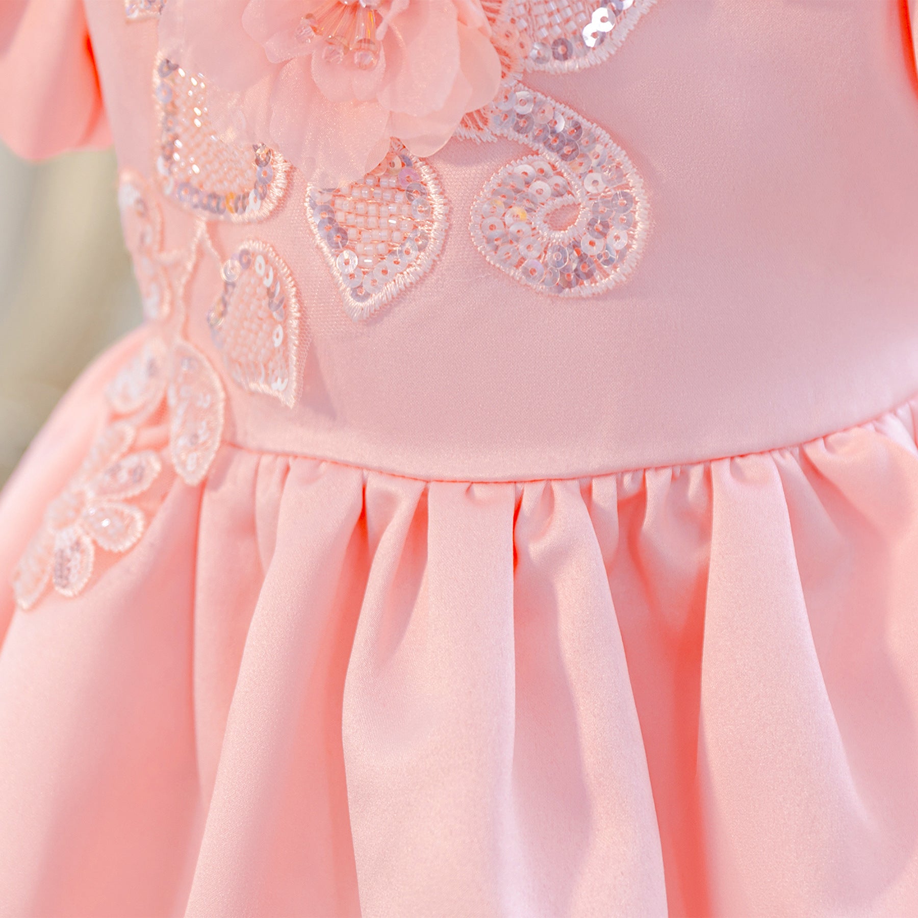 Wholesale 2-10Y Girls Puff Sleeve Rhinestone Floral Woven Princess Dress, Kids Birthday Party Soft Woven Formal Gown