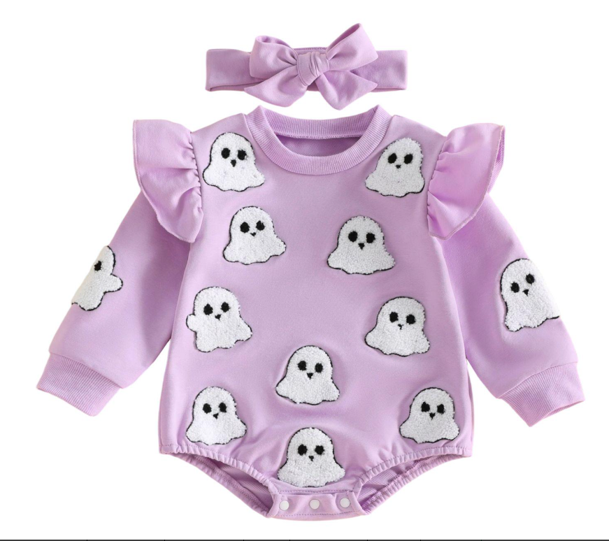 Wholesale 0-18M Baby Girls 2Pcs Ruffle Sleeve Halloween Towel Embroidery Bodysuit Set, Soft Knit Ghost Pumpkin Romper With Bow Headband