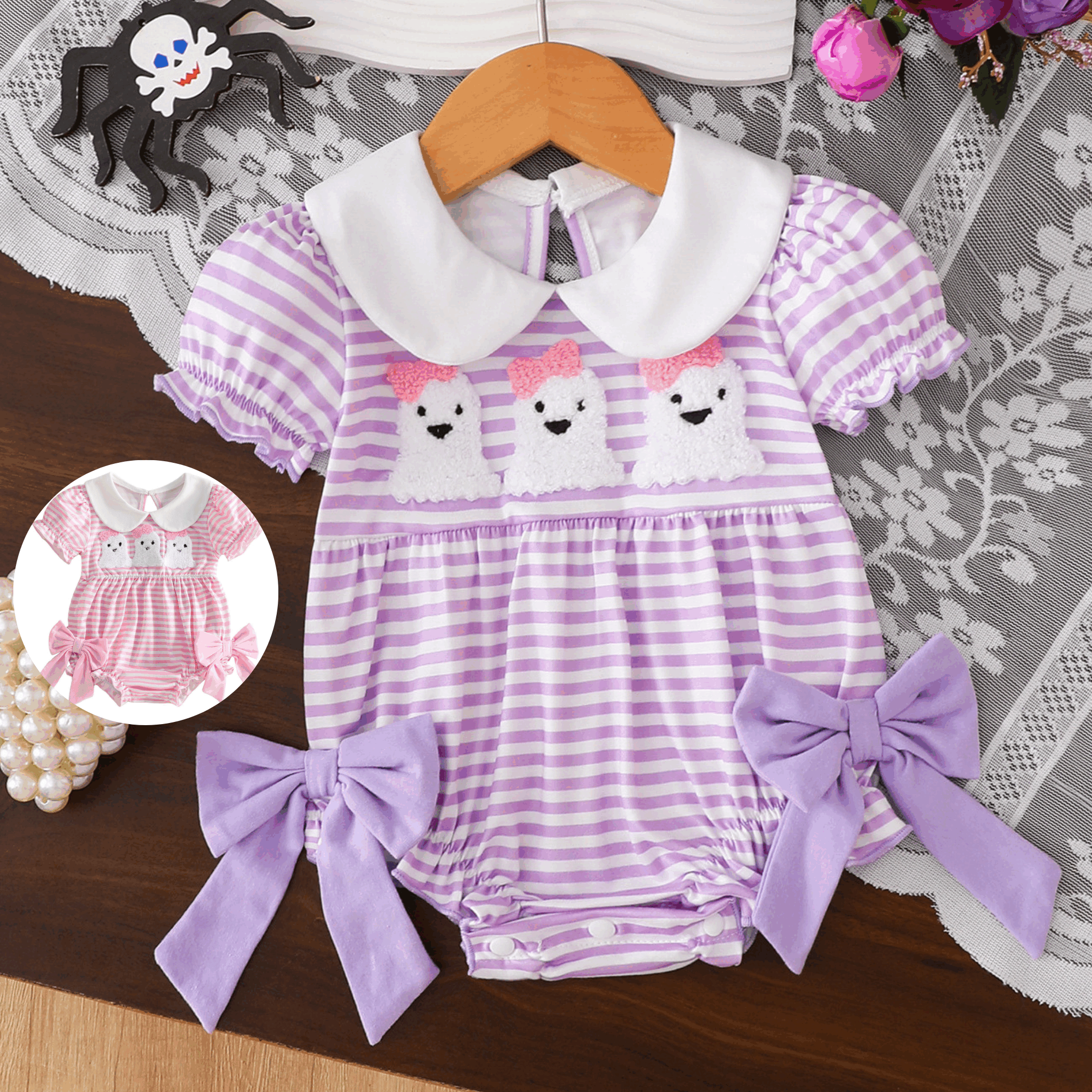 Wholesale 0-18M Baby Girls Peter Pan Collar Striped Ghost Towel Embroidery Bodysuit, Soft Knit Halloween Short Sleeve Romper