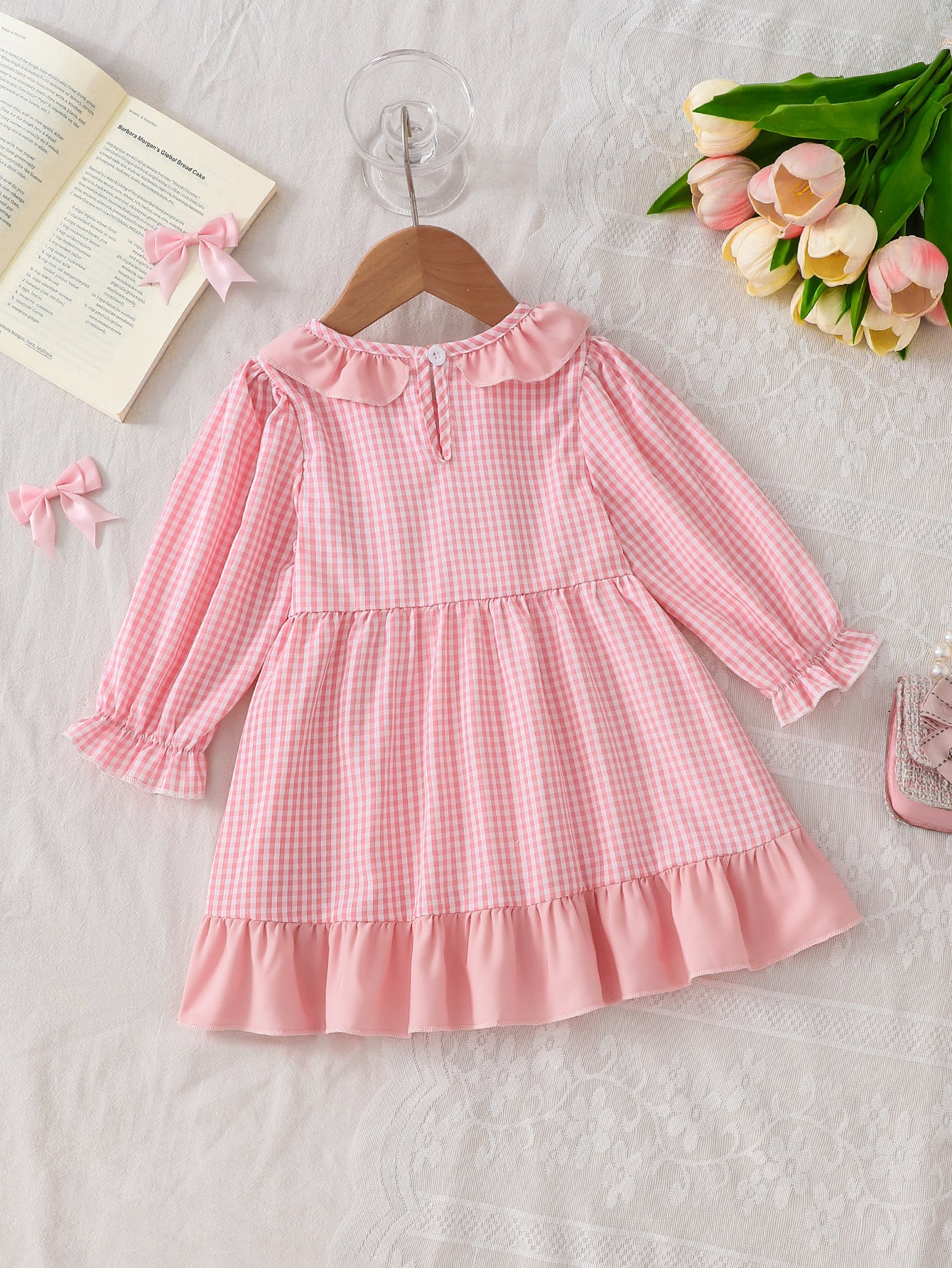 Wholesale 6M-5Y Girls Ruffle Collar Gingham Bow Applique Woven Dress, Kids Soft Long Sleeve Sweet Plaid Casual Dress