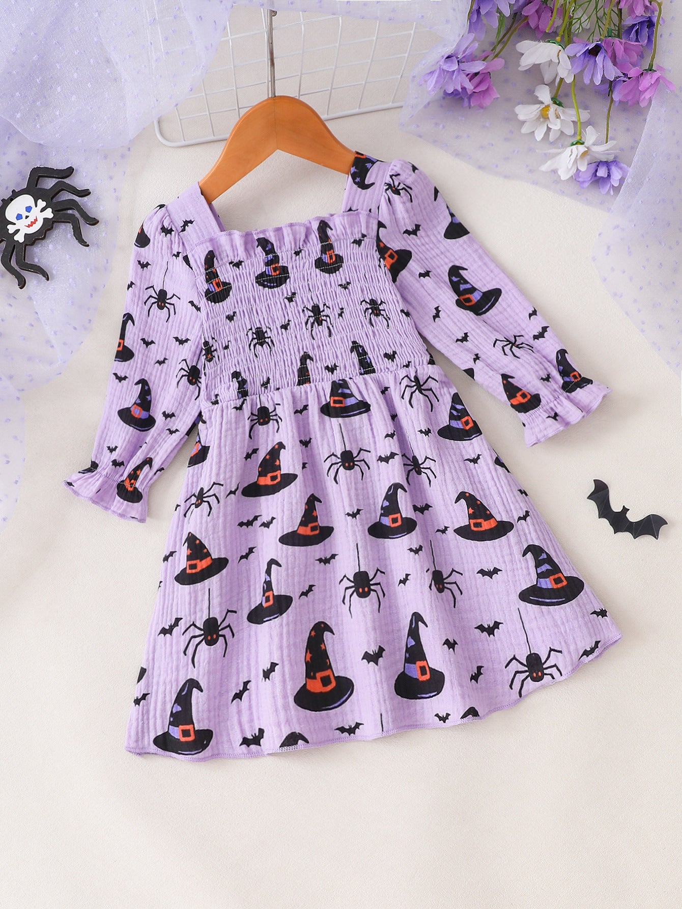 Wholesale 6M-4T Girls Square Neck Halloween Print Smocked Long Sleeve Dress, Soft Crinkle Woven Toddler A-Line Casual Dress