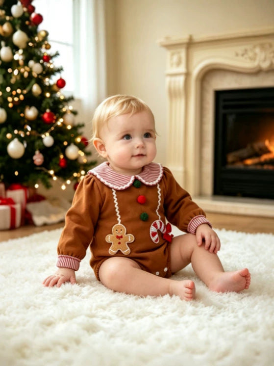 Wholesale 0-18M Baby Boys Striped Collar Gingerbread Candy Cane Applique Woven Bodysuit, Soft Christmas Long Sleeve Romper