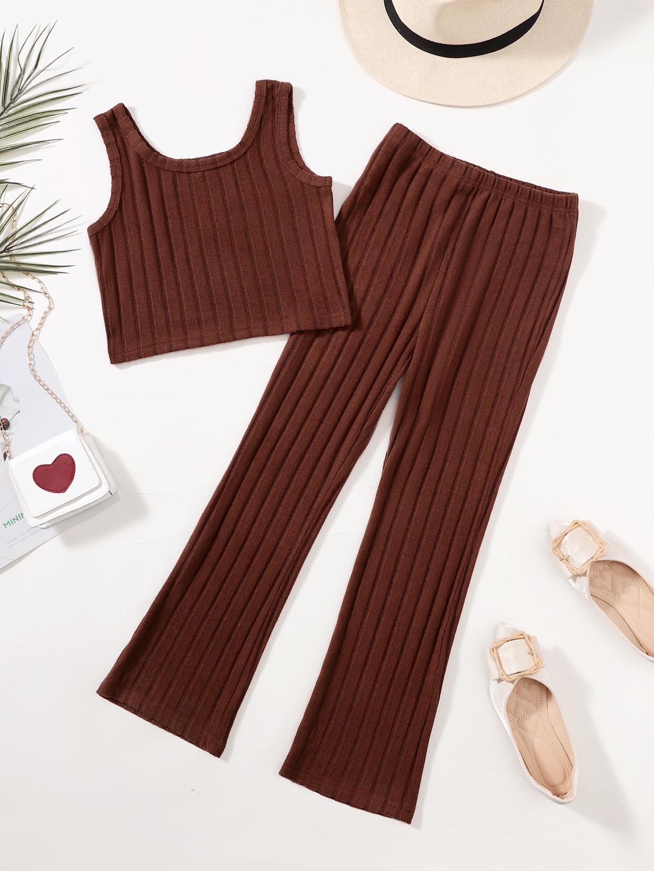 7-14Y Big Girls Summer Rib-knit Outfits Versatile & Classy Sleeveless Top & Skinny Pants Set 2Pcs Clothing From 7Y-14Y Brown Catpapa 462402007