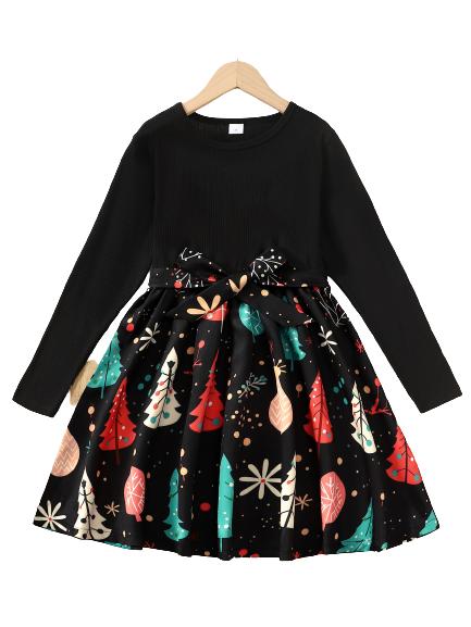 8-14Y Ready Stock Big Girls Dress Christmas Tree Print Bow Belt Splice Fall Winter Dress One Piece Feast Dress Black Catpapa 462308010