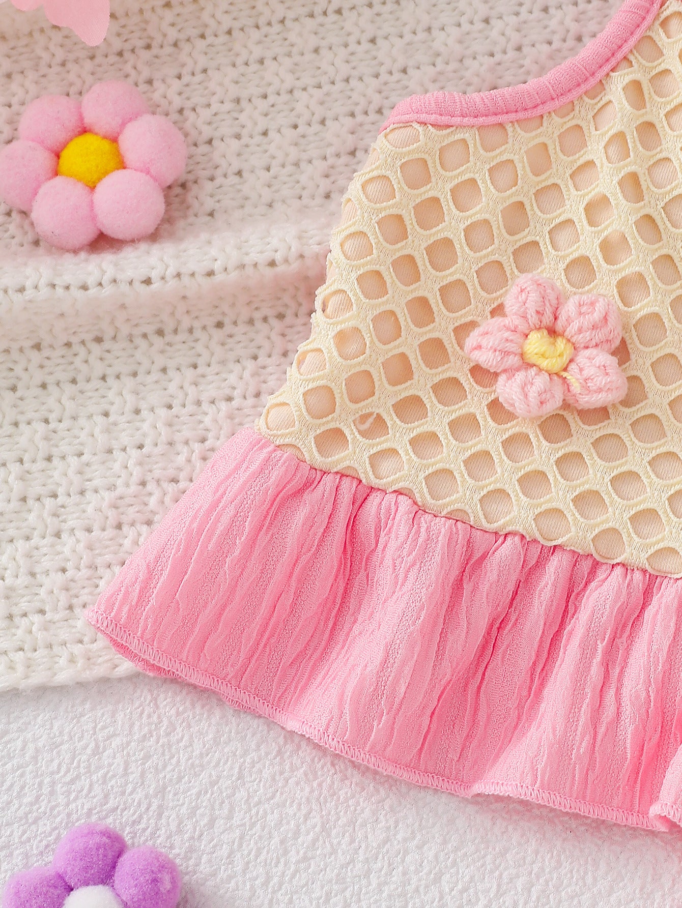 Wholesale 6M-4T Girls 2Pcs 3D Flower Mesh Cami Top Wide Leg Pants Outfit Set, Kids Soft Crinkle Fabric Summer Casual Two Piece Set