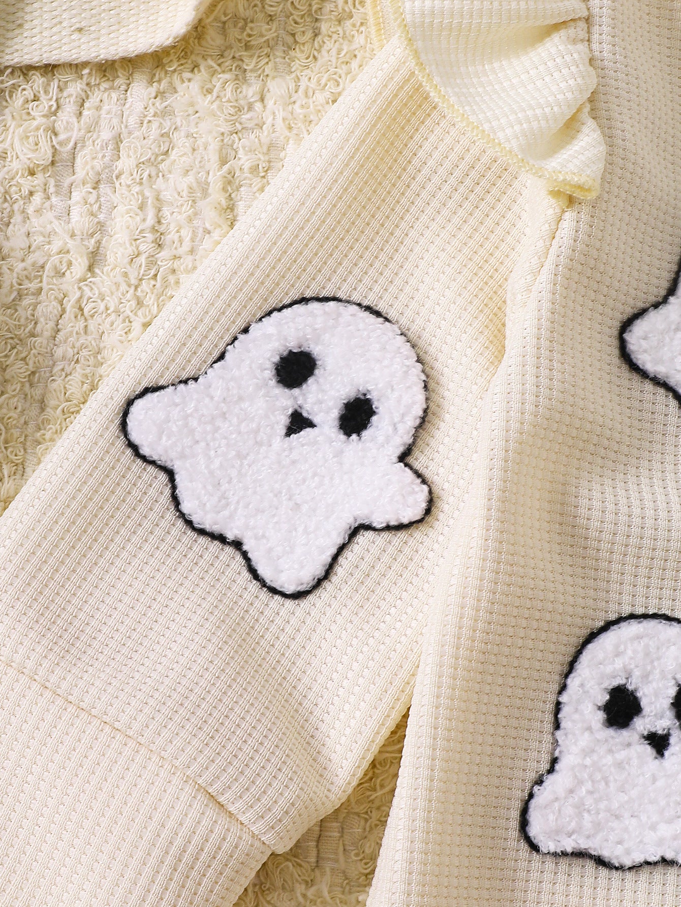 Wholesale 0-18M Baby Girls 2Pcs Ruffle Zipper Halloween Towel Embroidery Jumpsuit Set, Soft Waffle Knit Pumpkin Ghost Romper With Bow Headband