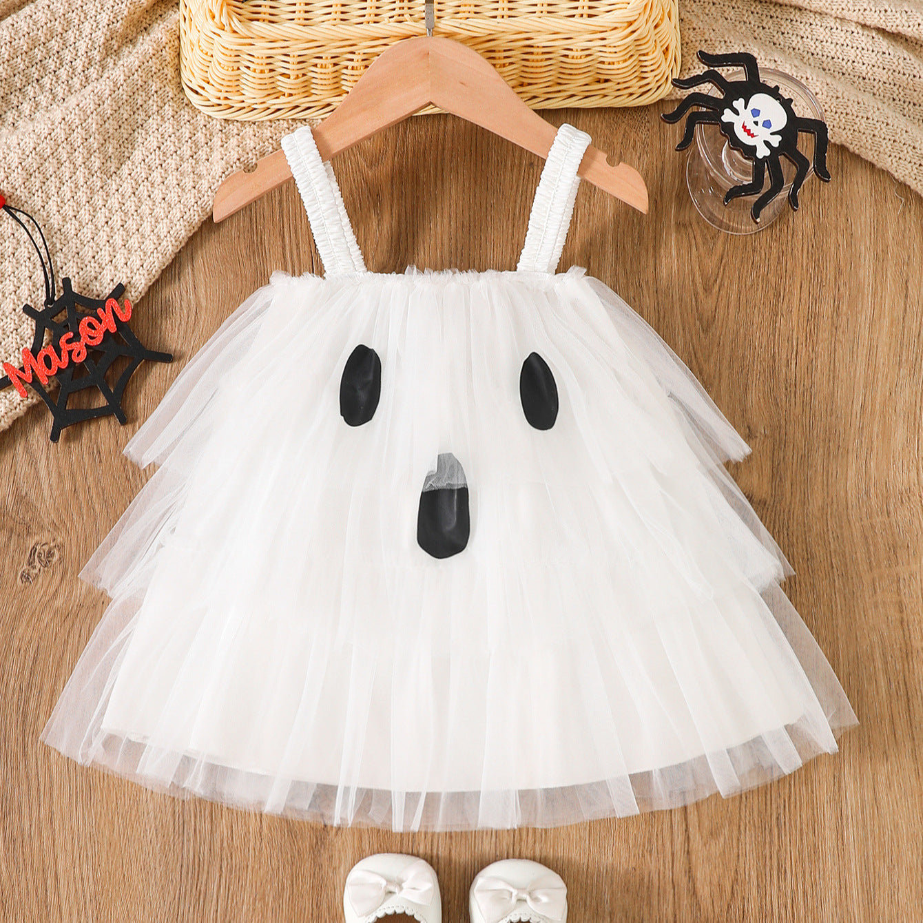 Wholesale 6M-4T Girls Spaghetti Strap Ghost Tiered Tulle Princess Dress, Kids Halloween Soft Mesh Party Dress