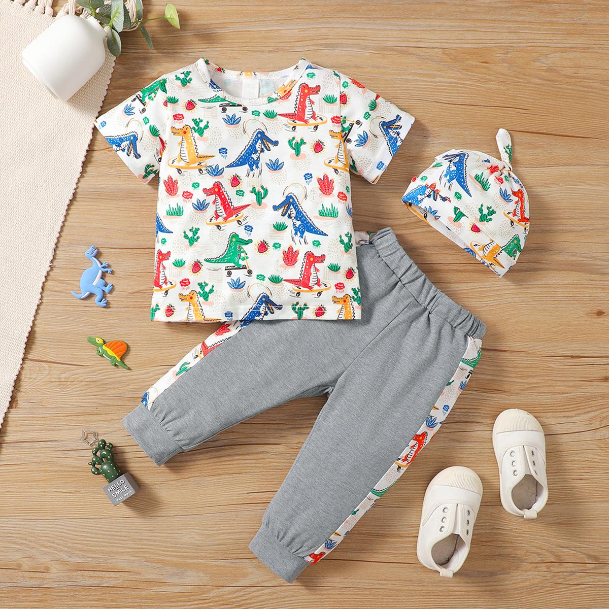 6M-3Y Kid Fashion Ready Stock Baby Boys Clothes OOTD Dinosaur Short Sleeve Elastic Pants Hat 3Pcs Outfits Gray Catpapa 122205754