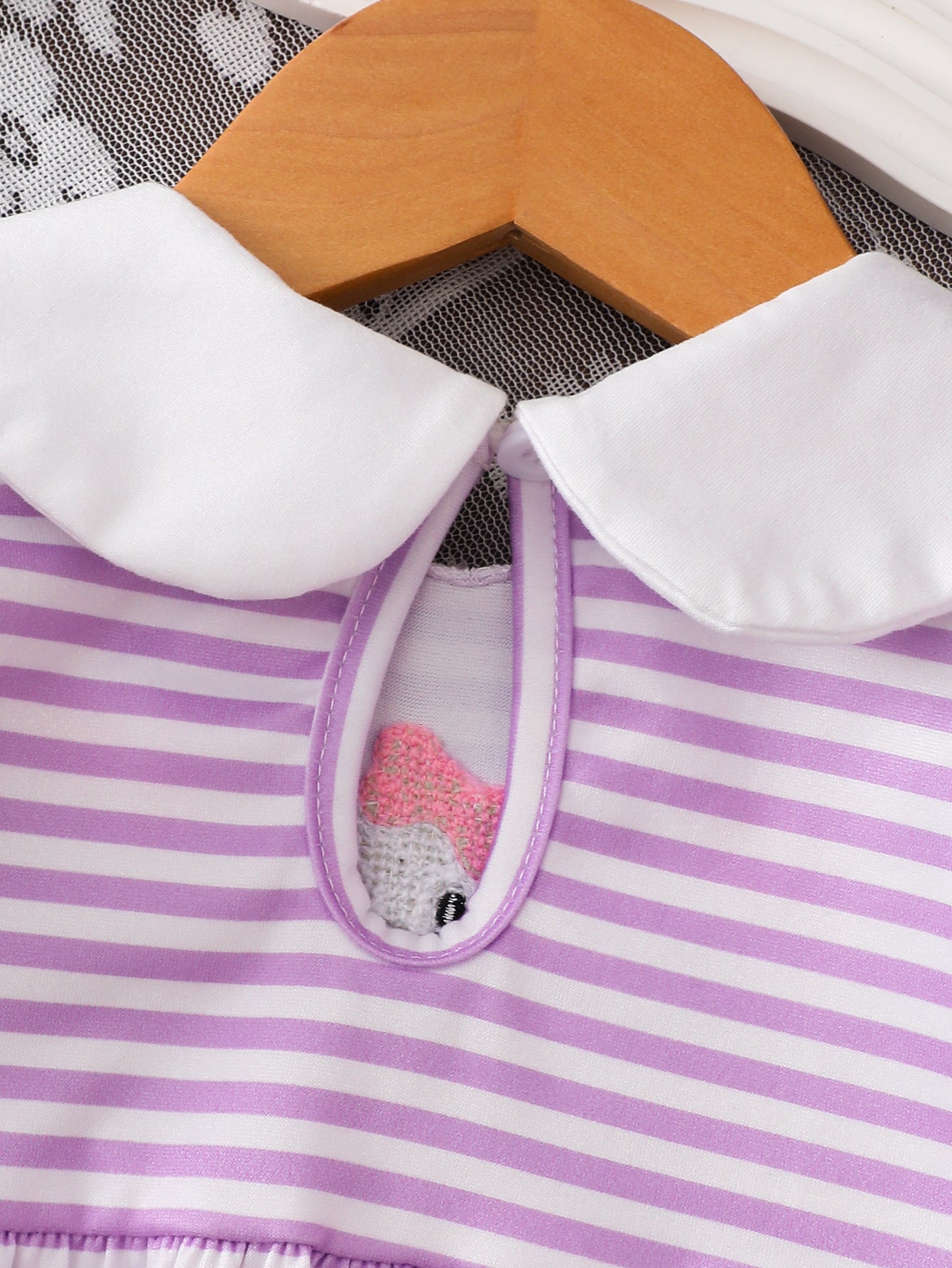 Wholesale 0-18M Baby Girls Peter Pan Collar Striped Ghost Towel Embroidery Bodysuit, Soft Knit Halloween Short Sleeve Romper