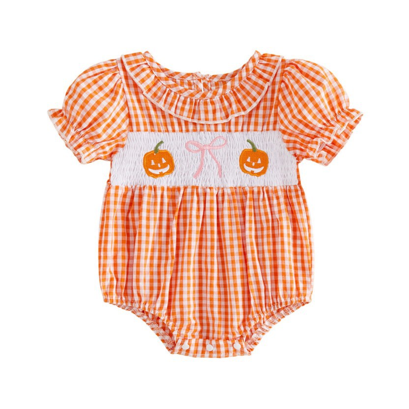 Wholesale 0-18M Baby Girls Ruffle Collar Orange Gingham Pumpkin Embroidery Bodysuit, Soft Woven Halloween Short Sleeve Romper