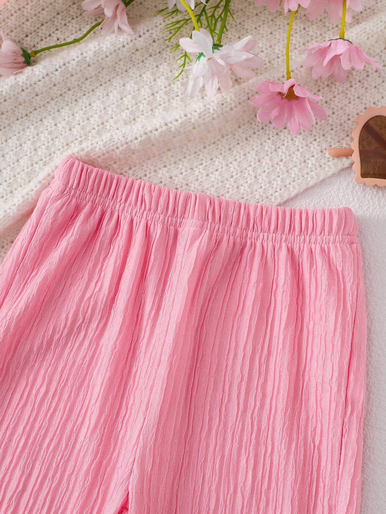 Wholesale 6M-4T Girls 2Pcs 3D Flower Mesh Cami Top Wide Leg Pants Outfit Set, Kids Soft Crinkle Fabric Summer Casual Two Piece Set