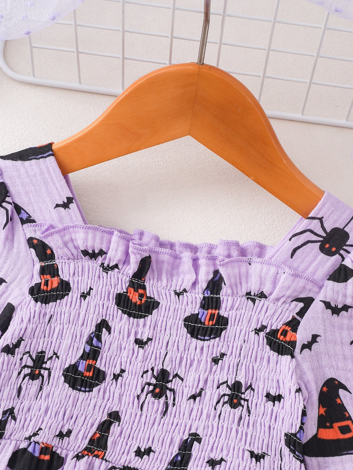 Wholesale 6M-4T Girls Square Neck Halloween Print Smocked Long Sleeve Dress, Soft Crinkle Woven Toddler A-Line Casual Dress