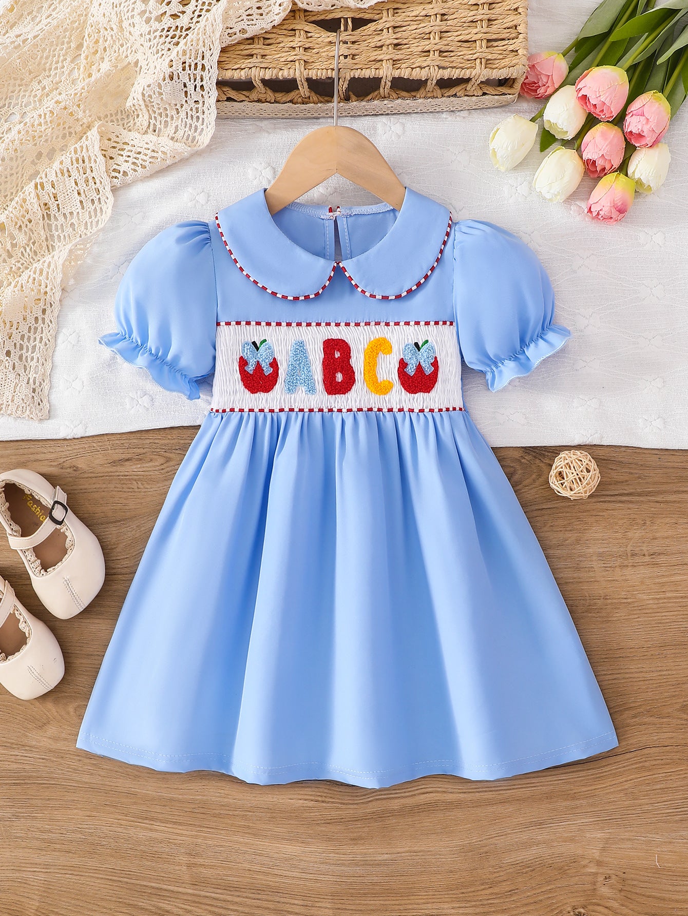 Wholesale 2-7Y Girls Peter Pan Collar ABC Apple Towel Embroidery Woven Dress, Kids Soft Waffle Smocked Back To School Casual Dress