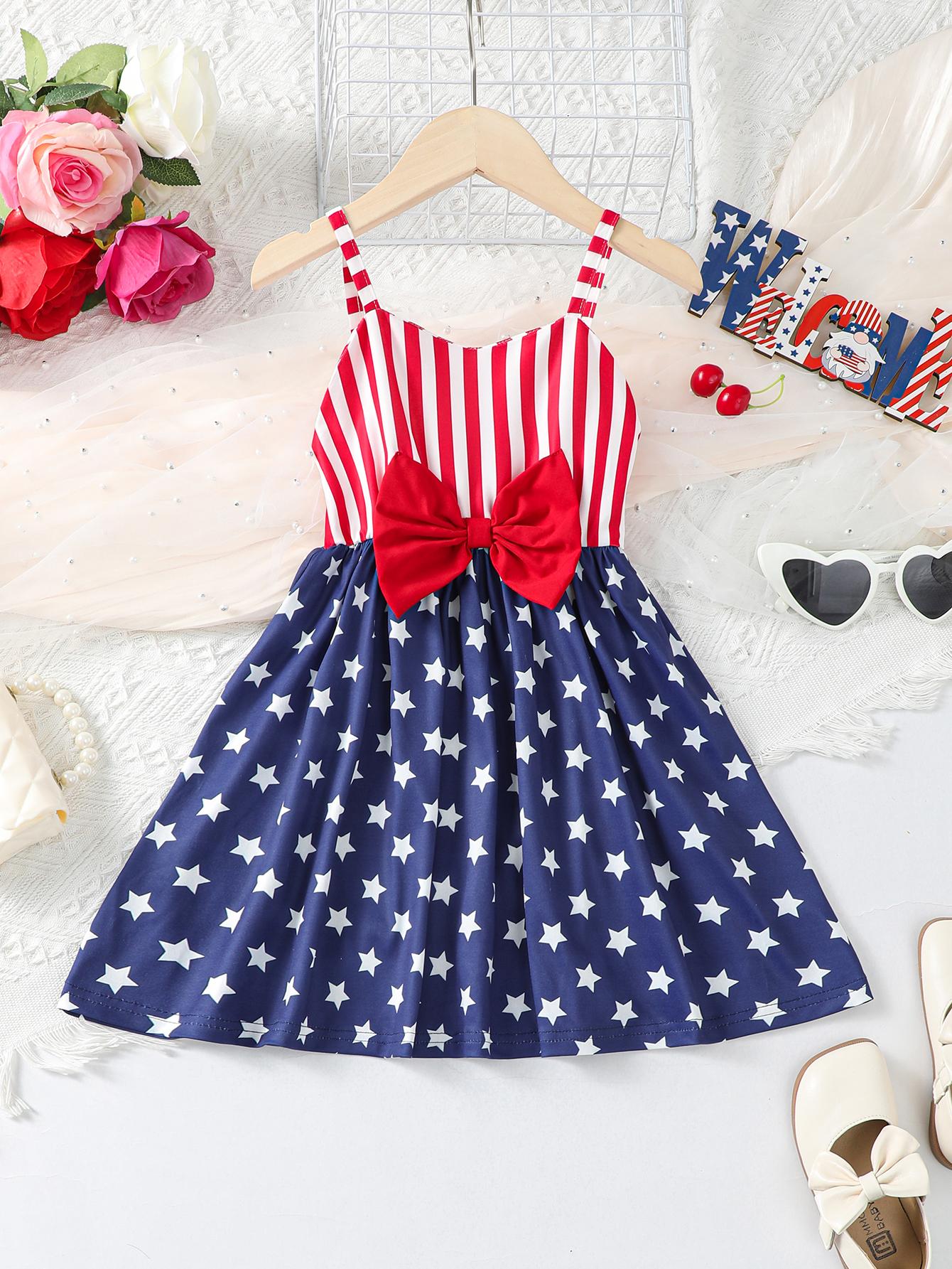 2-7Y Ready Stock Baby Girls Dress Stars and Stripes Bow Straps Dress One Piece Dress For Independence Day Catpapa 623030001