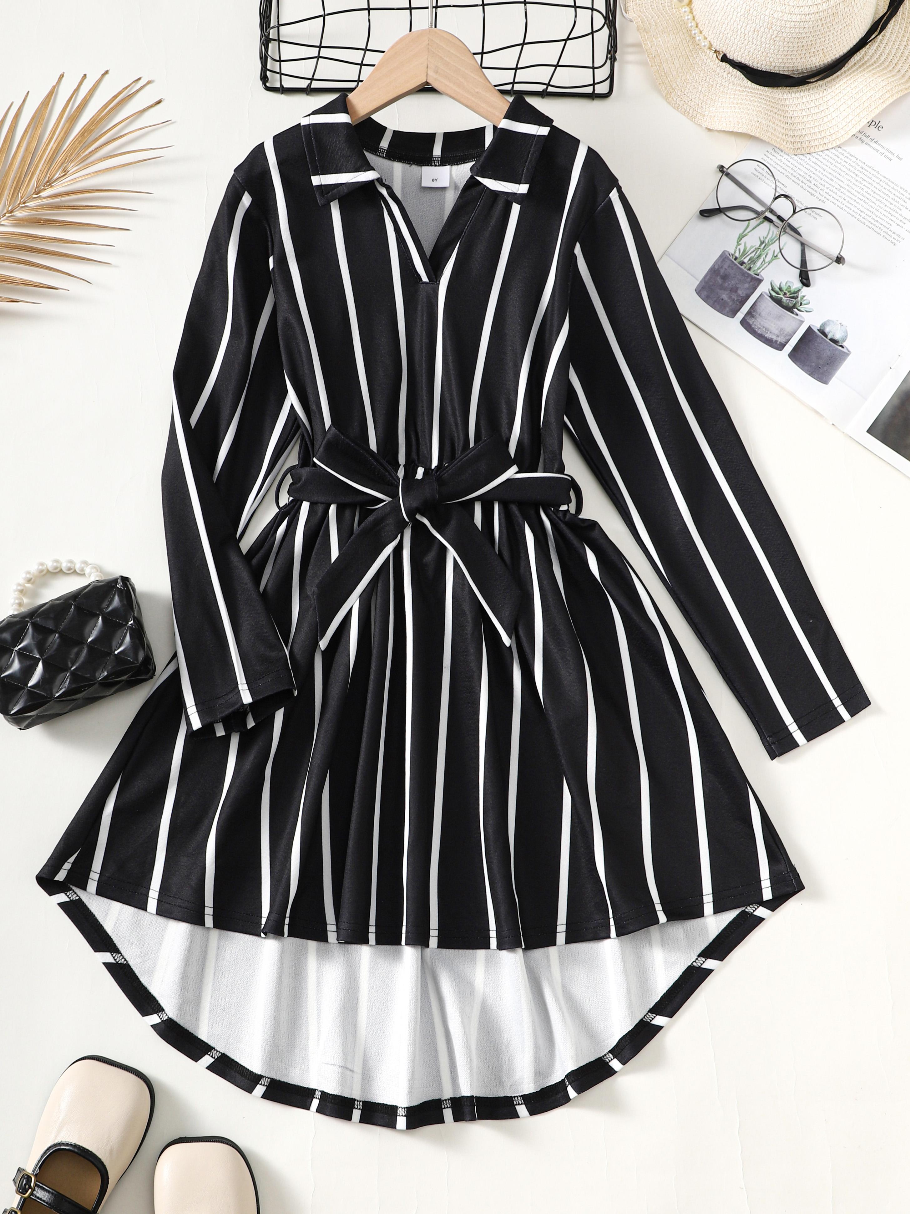 8-14Y Ready Stock 8-14y Kid Girls Fall Winter Dress Stripe Turn-down Collar Bow Dress One Piece Casual Dress Black Catpapa 462308016