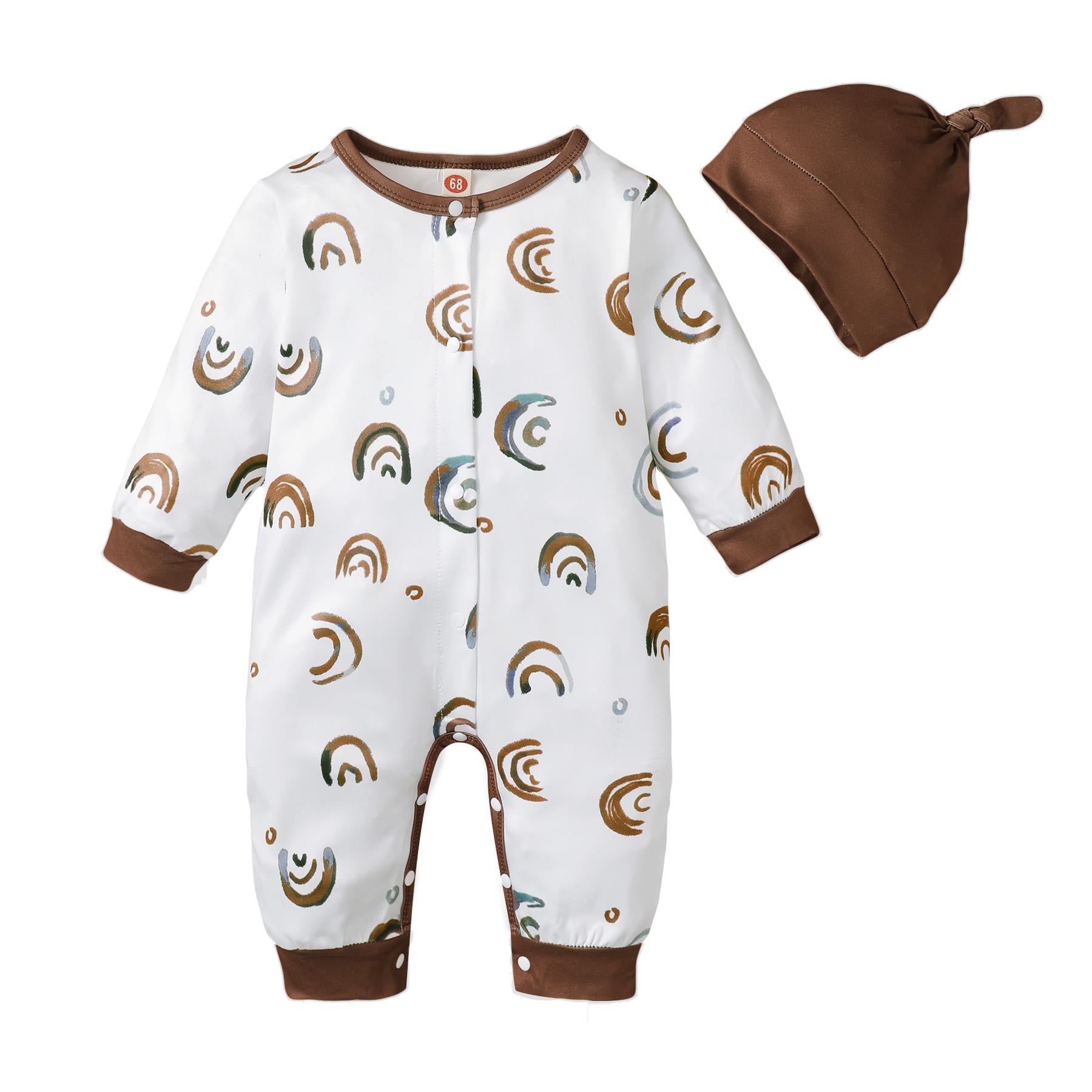 3-24M Kids Fashion Ready Stock Boys Clothes Rainbow Print Sigle Breasted Design With Hat 2Pcs Jumpsuit Set White Catpapa BLW22109666