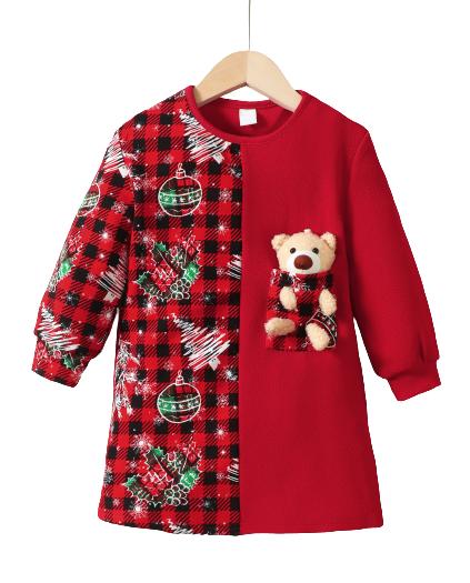 4-7Y 2-piece Girls' Christmas Dress Red Plaid Print Crew Neck Sweatshirt Dress And Plush Toy Bear Set Kids Fall/Winter Clothes Catpapa JIT10432537