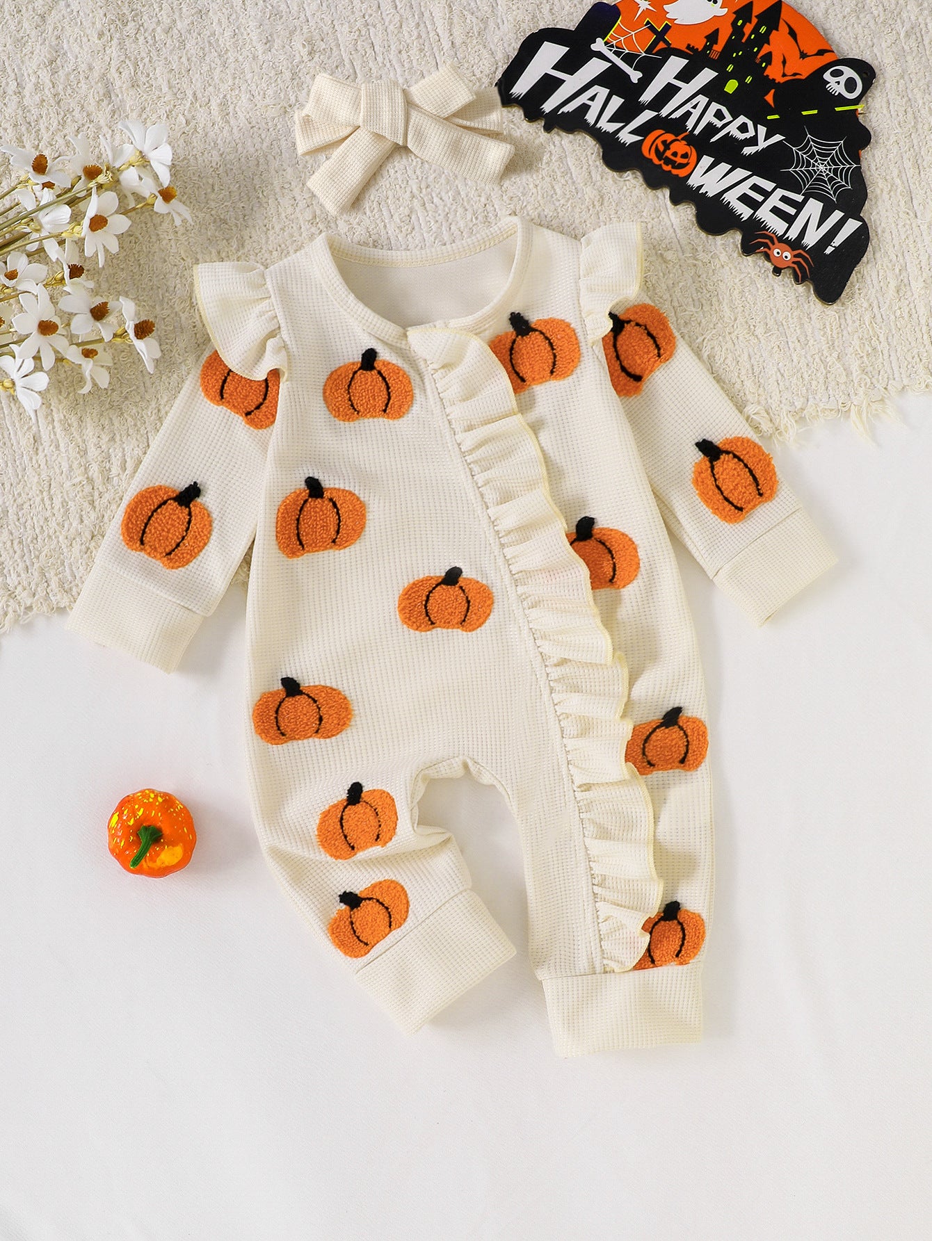 Wholesale 0-18M Baby Girls 2Pcs Ruffle Zipper Halloween Towel Embroidery Jumpsuit Set, Soft Waffle Knit Pumpkin Ghost Romper With Bow Headband
