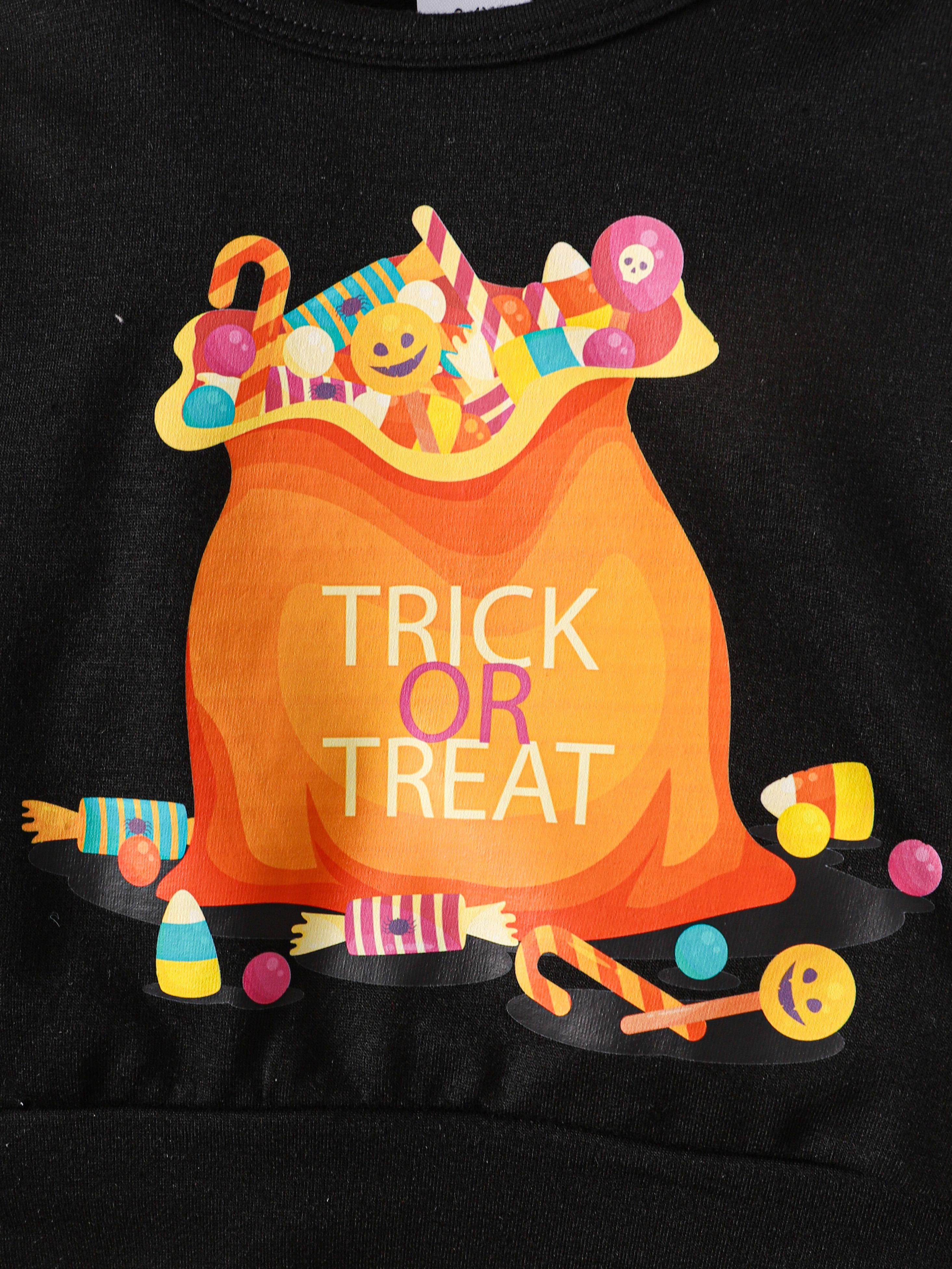 3-8Y Kids Girls Halloween Outfits Skirt Sets "TRICK OR TREAT" Candy Print Long Sleeve Tops Plaid Pleated Skirts 2Pcs Clothing Black Catpapa 462307158