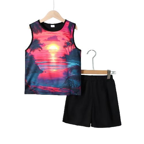7-15Y Sunset View Print 7-15y Boys Creative Sleeveless Tank Tops&Shorts Set, Casual Crew Neck Vest&Shorts, Boys Clothing Catpapa 462401020