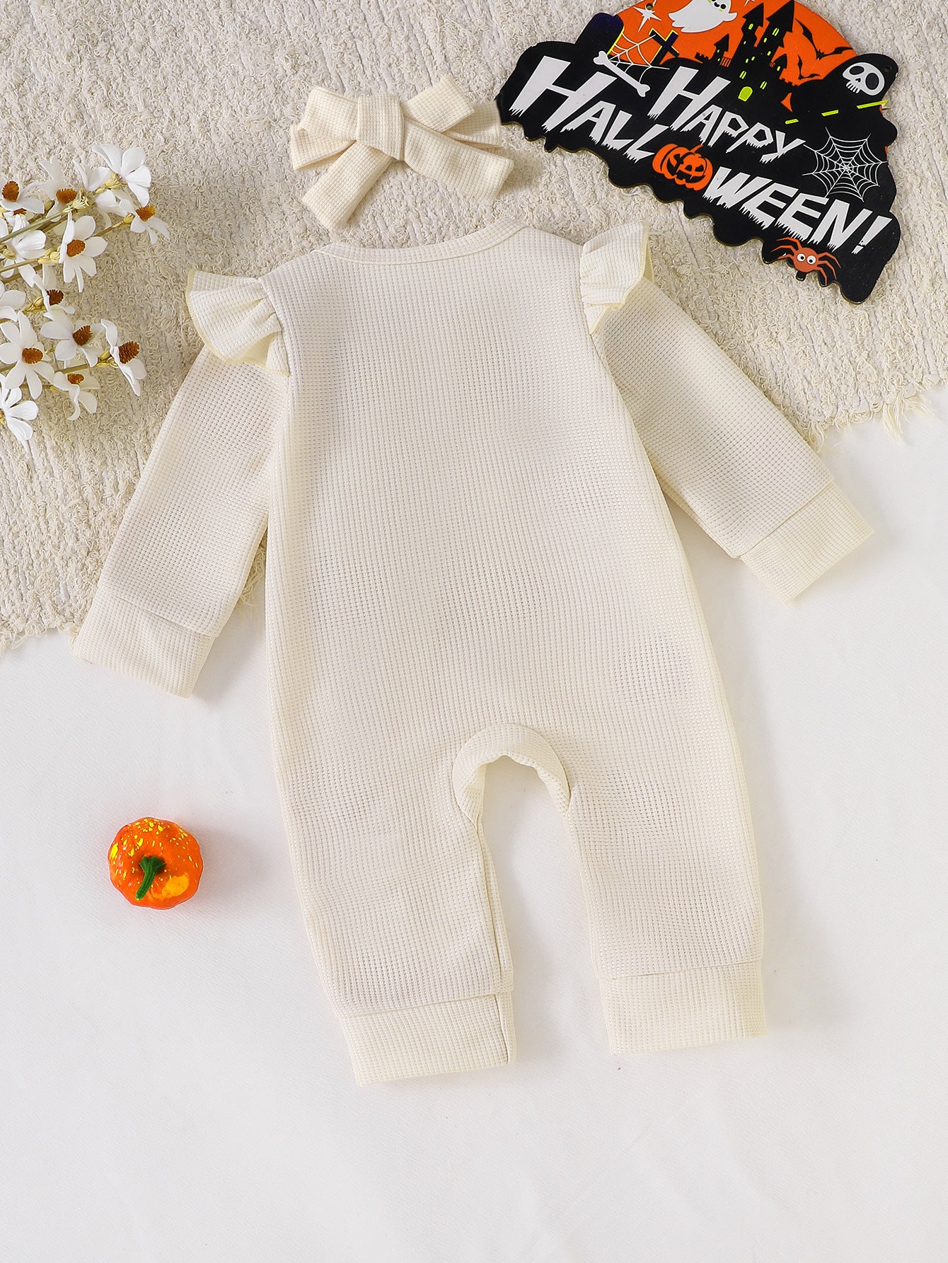 Wholesale 0-18M Baby Girls 2Pcs Ruffle Zipper Halloween Towel Embroidery Jumpsuit Set, Soft Waffle Knit Pumpkin Ghost Romper With Bow Headband