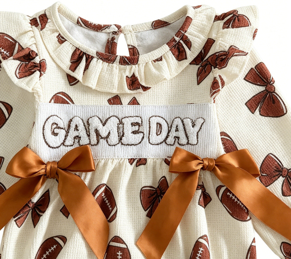 Wholesale 0-18M Baby Girls Ruffle Football Print Waffle Knit Bodysuit, Soft Game Day Long Sleeve Halloween Romper