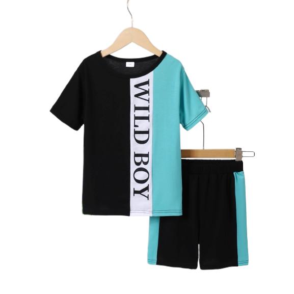 7-15Y Ready Stock Kids Boys Outfits Shorts Sets Letter Pattern Splice Tee Elastic Shorts 2Pcs Summer Clothes Blue Catpapa 462306009