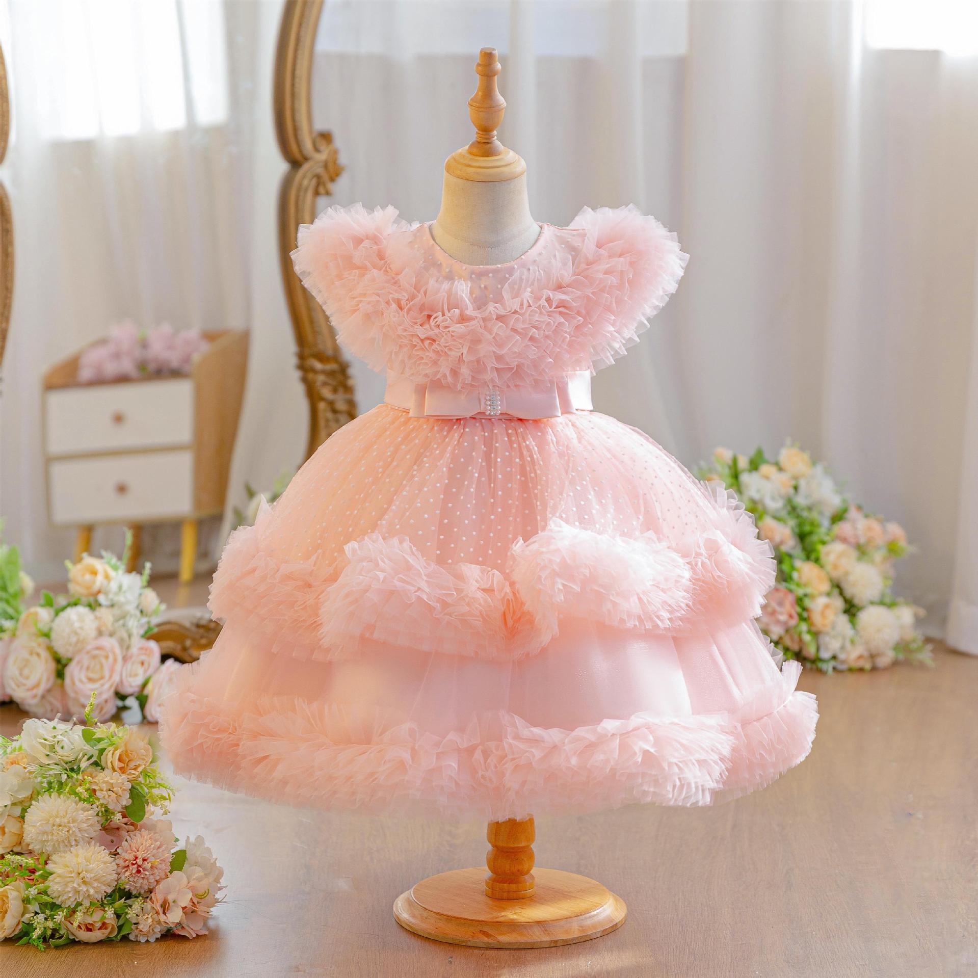 Wholesale 18M-7Y Girls Ruffle Tulle Polka Dot Princess Dress, Kids Birthday Party Rhinestone Bow Soft Mesh Formal Gown