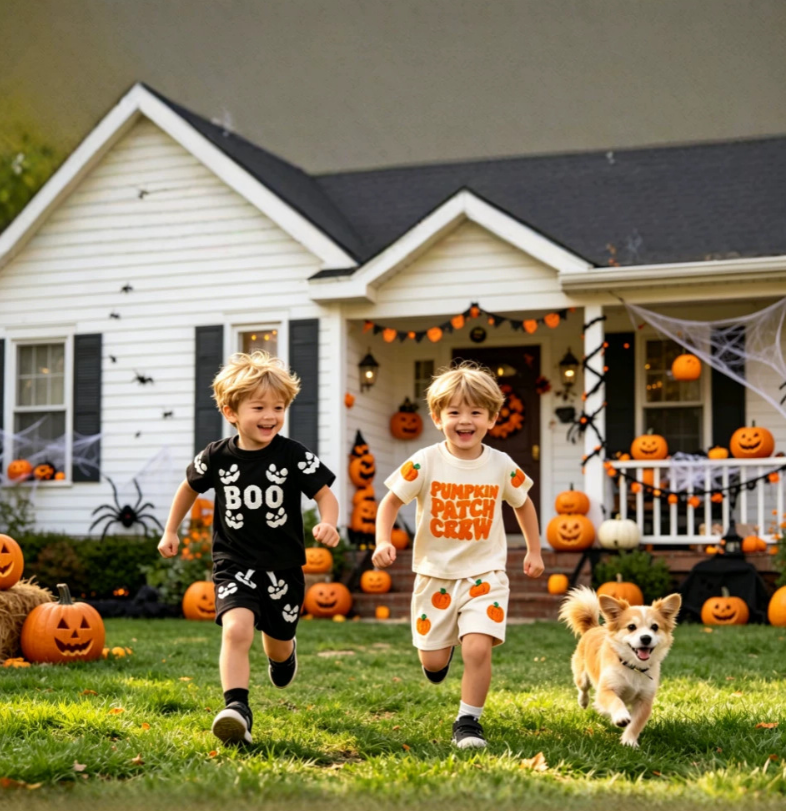 Wholesale 6M-4T Boys 2Pcs Waffle Knit Halloween Towel Embroidery Outfit Set, Kids Soft Thermal Halloween Short Sleeve Top & Shorts Set
